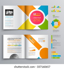 White brochure template design with central pink circle and color diagonal stripes. Cover layout and infographics