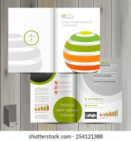 White brochure template design with color striped globe. Cover layout