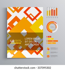 White brochure template design with color square pattern. Cover layout and infographics