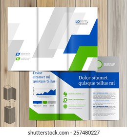 White brochure template design with green and blue geometric elements. Cover layout