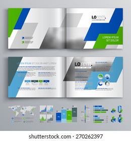 White brochure template design with green and blue geometric shapes. Cover layout and infographics