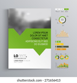 White brochure template design with green, orange and yellow shapes. Cover layout and infographics