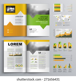 White brochure template design with green, orange and yellow shapes. Cover layout and infographics