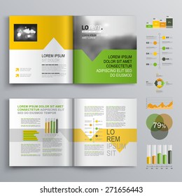 White brochure template design with green, orange and yellow shapes. Cover layout and infographics