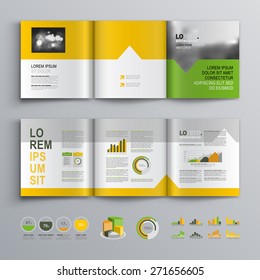 White brochure template design with green, orange and yellow shapes. Cover layout and infographics