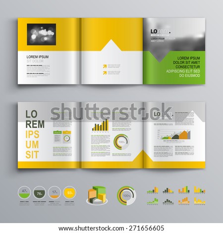 White brochure template design with green, orange and yellow shapes. Cover layout and infographics