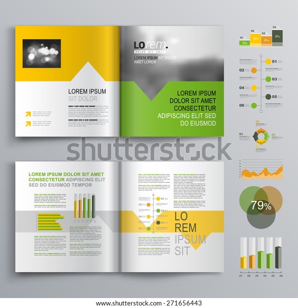 緑 オレンジ 黄色の図形を持つ白いパンフレットテンプレートデザイン 表紙のレイアウトと情報グラフィック のベクター画像素材 ロイヤリティフリー
