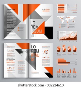 White brochure template design with orange, gray and black triangles. Cover layout and infographics