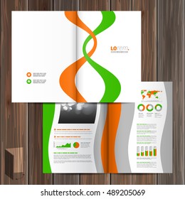 White brochure template design with orange and green stripes. Cover layout