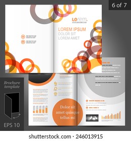 White brochure template design with red and orange geometric round elements. Cover layout