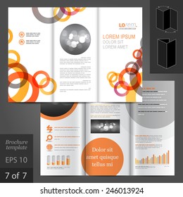 White brochure template design with red and orange geometric round elements. Cover layout