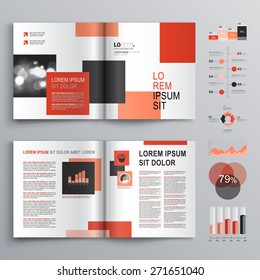 White brochure template design with red and black square shapes. Cover layout and infographics