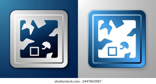 White Broken cardboard box icon isolated on blue and grey background. Box, package, parcel sign. Delivery and packaging. Silver and blue square button. Vector