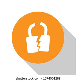 White Broken or cracked lock icon isolated on white background. Unlock sign. Orange circle button. Vector Illustration