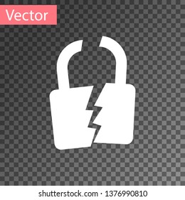 White Broken or cracked lock icon isolated on transparent background. Unlock sign. Vector Illustration