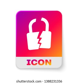 White Broken or cracked lock icon isolated on white background. Unlock sign. Rectangle color button. Vector Illustration