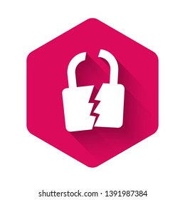 White Broken or cracked lock icon isolated with long shadow. Unlock sign. Pink hexagon button. Vector Illustration