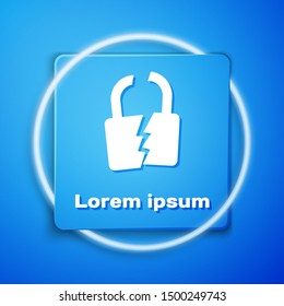 White Broken or cracked lock icon isolated on blue background. Unlock sign. Blue square button. Vector Illustration
