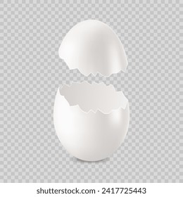 White broken or cracked realistic vector eggshell on checkered background, chicken egg, decoration template.
