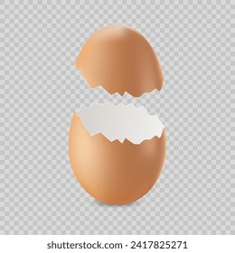 White broken or cracked realistic vector brown eggshell on checkered background, chicken egg, decoration template.