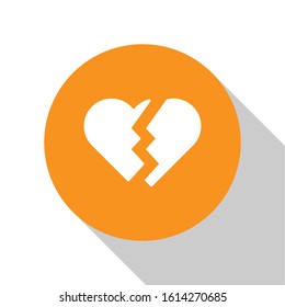 White Broken heart or divorce icon isolated on white background. Love symbol. Valentines day. Orange circle button. Vector Illustration