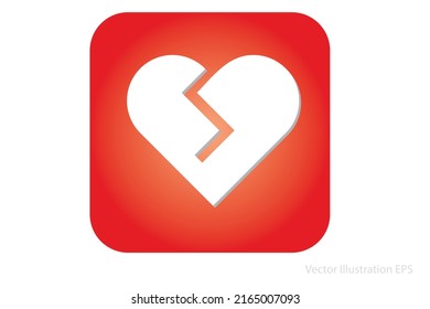 icono del corazón roto blanco como plantilla para amor perdido o problemas cardíacos en rectángulo redondeado rojo. Ilustración vectorial