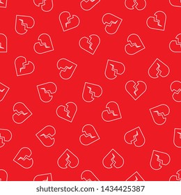 white broken hearts line icons seamless pattern on red background. flat love concept design. eps 10