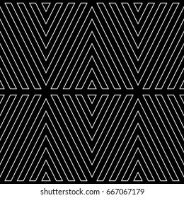 White broken lines contours on black background. Seamless surface pattern design with linear ornament. Curves wallpaper. Angle brackets motif. Digital paper with chevrons. Striped vector illustration.