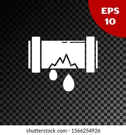 White Broken metal pipe with leaking water icon isolated on transparent dark background.  Vector Illustration