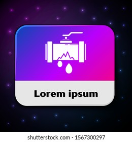 White Broken metal pipe with leaking water icon isolated on black background. Rectangle color button. Vector Illustration