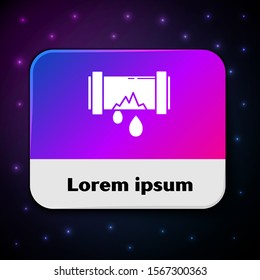 White Broken metal pipe with leaking water icon isolated on black background. Rectangle color button. Vector Illustration