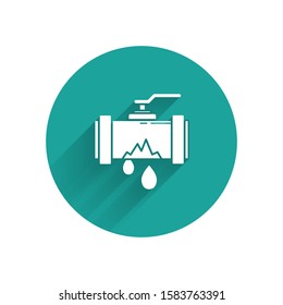 White Broken metal pipe with leaking water icon isolated with long shadow. Green circle button. Vector Illustration