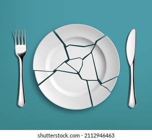 White broken plate with fork and knife. Top view. Vector illustration