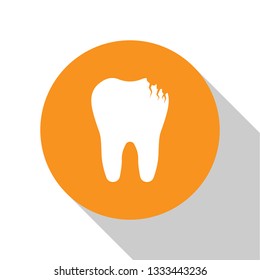 White Broken tooth icon isolated on white background. Dental problem icon. Dental care symbol. Orange circle button. Flat design. Vector Illustration