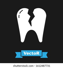 White Broken tooth icon isolated on black background. Dental problem icon. Dental care symbol.  Vector Illustration