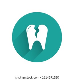 White Broken tooth icon isolated with long shadow. Dental problem icon. Dental care symbol. Green circle button. Vector Illustration