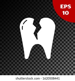 White Broken tooth icon isolated on transparent dark background. Dental problem icon. Dental care symbol.  Vector Illustration