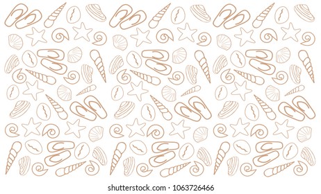 White brown background with seashells, starfish, Slippers for decoration of travel banners, leaflets, posters, websites. Vector illustration.