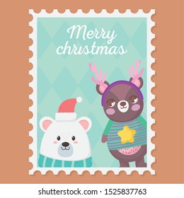 white and brown bears with sweater hat horns merry christmas stamp vector illustration