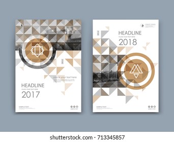 White, brown book binder mockup. A4 brochure cover design. Title sheet model set. Modern vector front page art. Urban city house font. Round frame, triangle mosaic, brand logo icon. Ad flyer info text