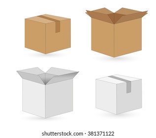 White and brown boxes, closed and open, isolated on white background. Vector