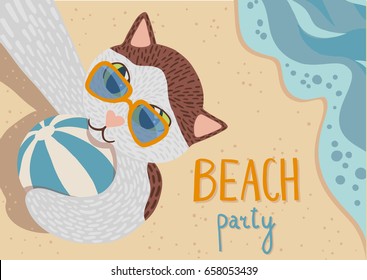 White and brown cat wearing sunglasses, holding beach ball, making selfie on beach with sea wave. Top view. Hand lettered text. Beach party invitation, flyer. A6, A5, A4 horizontal size.