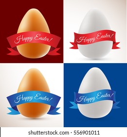 White and brown chicken egg with red ribbon greeting. Gift for Easter. Vector elements set for your design project.
