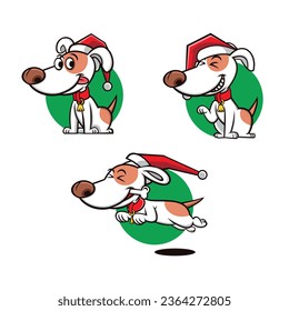 White and brown dog character wearing a Christmas hat, cute dog, running dog carrying bones, collection of dogs in various poses