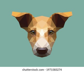 White brown dog head isolated low polygon cartoon on green background, big ears pet character geometric tan hound icon, brunette puppy animal face mosaic design illustration.