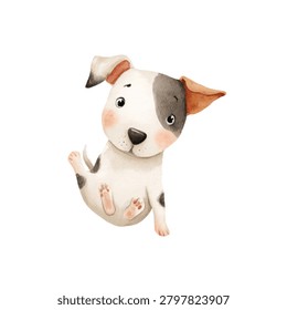 White and brown dog looking up