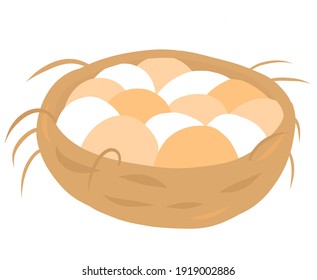 White and brown eegs in wooden bowl. Flat vector illustration of wicker basket full of chicken eggs. Natural farm eggs for web, app, sticker, print, Easter decoration. Easter eggs element