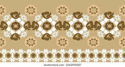 White and brown floral ikat tribal-style fabric pattern. Ethnic Ikat vector illustration seamless pattern. Ikat edge decoration for carpet, clothing, batik, saree, sarong, and motif.