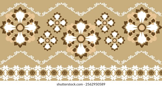 White and brown floral ikat tribal-style fabric pattern. Ethnic Ikat vector illustration seamless pattern. Ikat edge decoration for carpet, clothing, batik, saree, sarong, and motif.