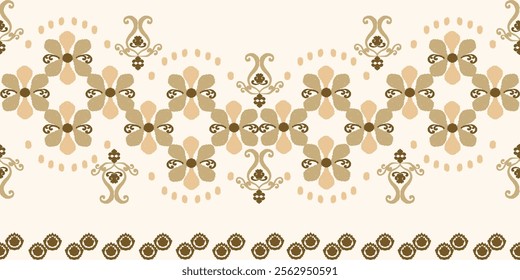 White and brown floral ikat tribal-style fabric pattern. Ethnic Ikat vector illustration seamless pattern. Ikat edge decoration for carpet, clothing, batik, saree, sarong, and motif.